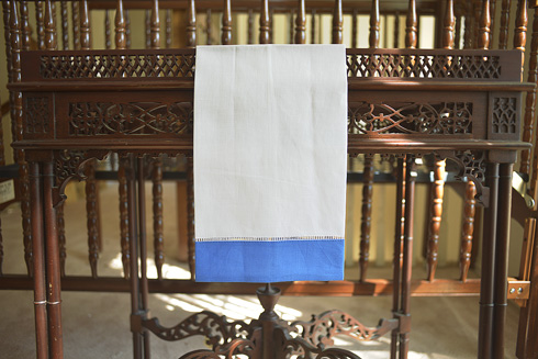 White Hemstitch Guest Towel with Marina Blue Colored Border.